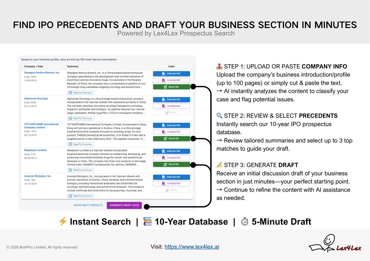 Tool to find IPO precedents and draft business sections quickly using AI-powered search and summaries.