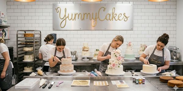 Four bakers decorating elegant cakes in a bakery named YummyCakes.