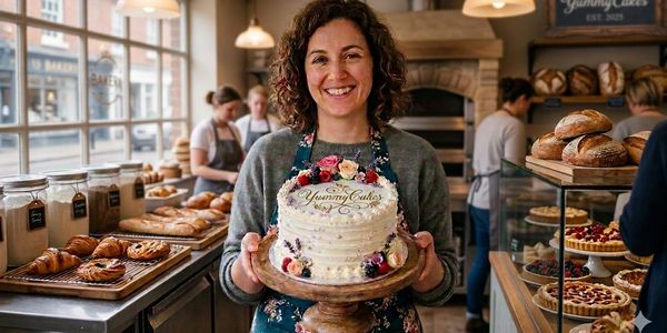 Smiling baker holding a decorated cake inside a cozy bakery.