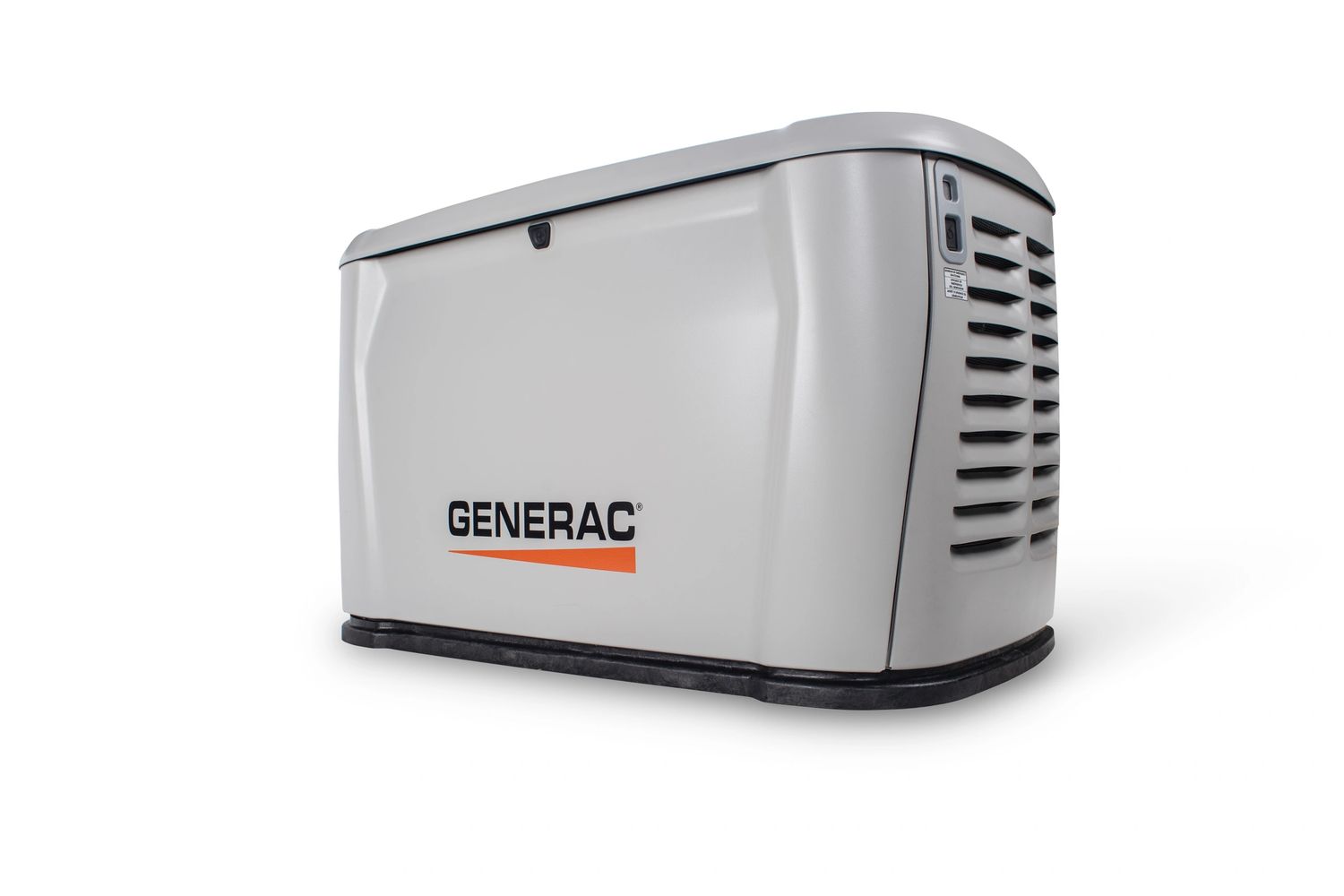 Generac home standby generator in gray with ventilation slits and logo.