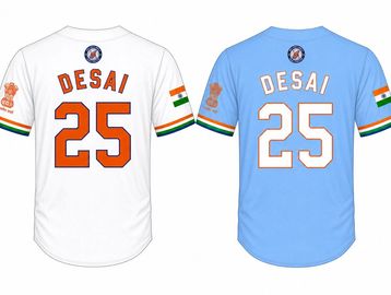 Two baseball jerseys with the name 'DESAI' and number 25, in white and light blue colors.