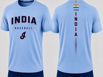 Blue and navy India baseball uniform with national flag.