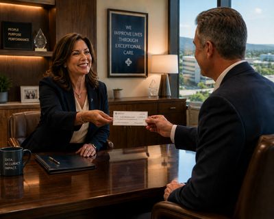 Two professionals exchanging a check in a warmly lit office.