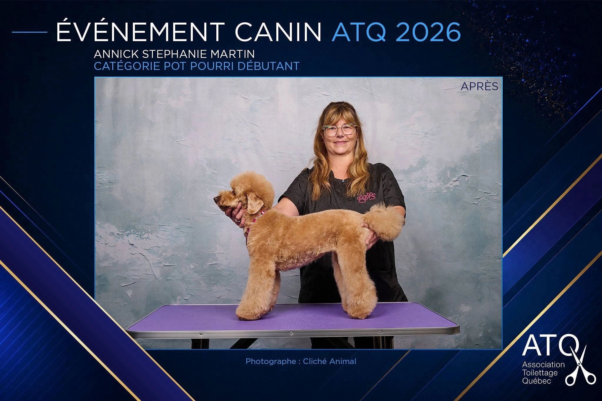 Concours de toilettage canin avec une femme et son caniche.