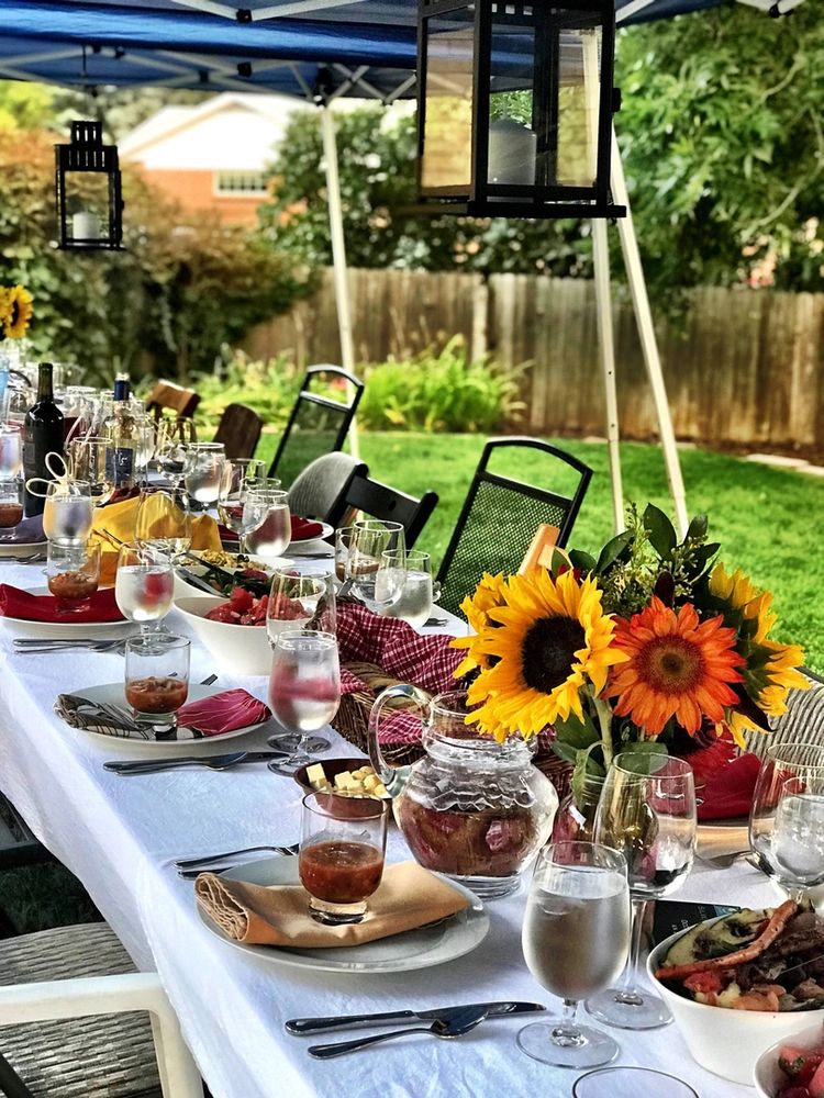 Catering items stacked on top of tables