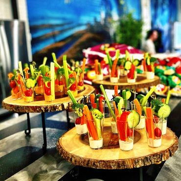 Fresh Veggie Cups with Ranch in Rustic Wood Display | Denver Event Catering Ideas