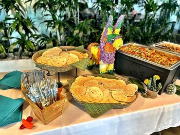 Fajita bar with fresh tortillas and festive décor for Denver taco buffet catering