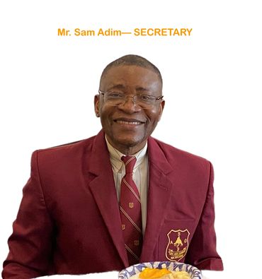 Man in maroon blazer smiling, identified as Mr. Sam Adim, Secretary.