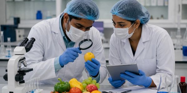 Scientists analyzing fruit in a lab.