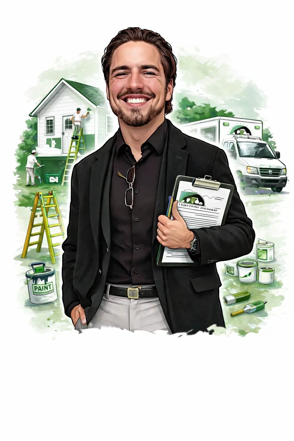 Smiling man in a suit holding a clipboard with painters working on a house in the background.