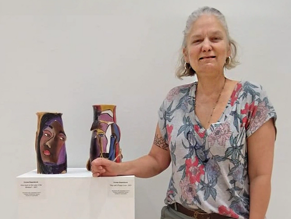 Christa Diepenbrock with her ceramic works.