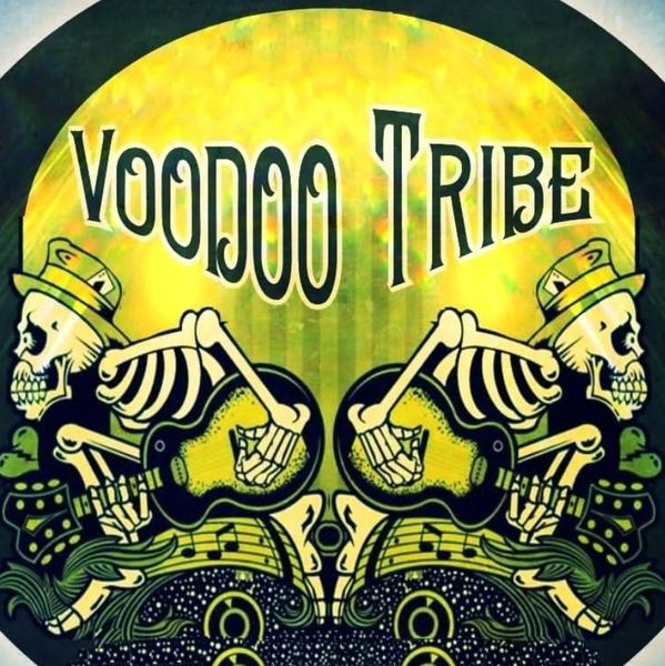 Illustration of two skeletons playing guitars under 'Voodoo Tribe' text.