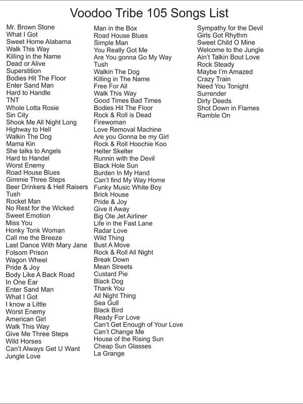 List of 105 songs by Voodoo Tribe in a simple text format.