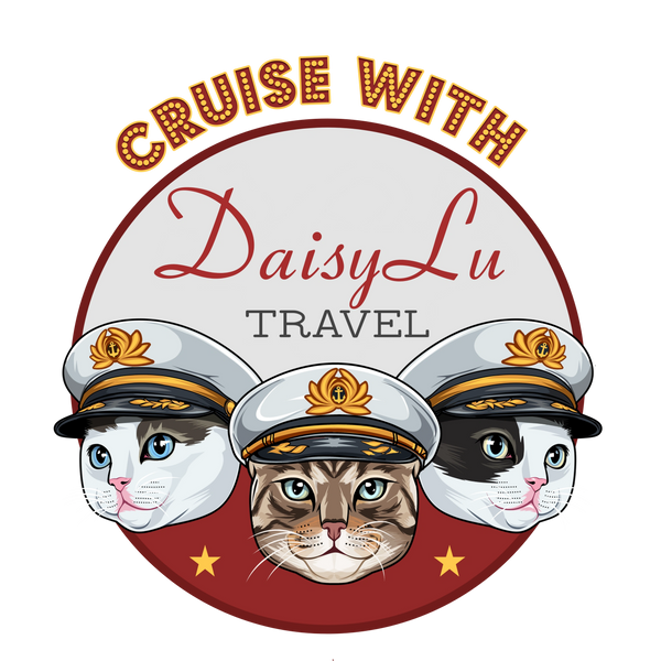 DaisyLu Travel Logo with three cats, Lucie Ann, DaisyLu, and Max. 