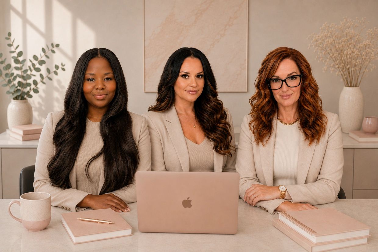 Three professional women sitting confidently behind a laptop in a stylish office.