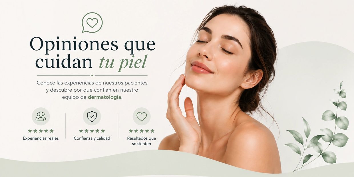 Mujer con piel radiante y texto sobre opiniones dermatológicas confiables.