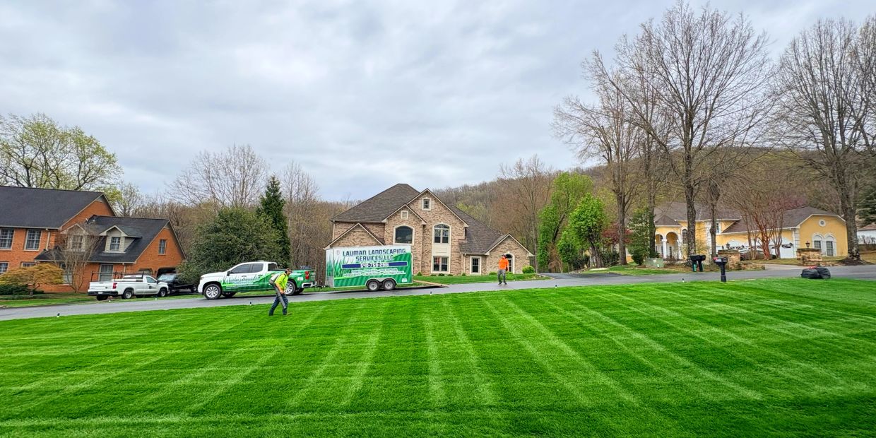 Workers prepare a freshly mowed lawn in front of suburban houses on a cloudy day.
