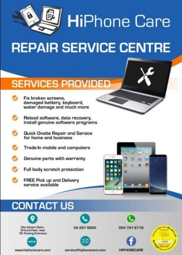 Advertisement for HiPhone Care repair services with contact details.