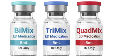 Three vials of ED medication labeled BiMix, TriMix, and QuadMix.