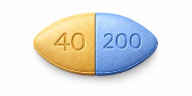 A blue and yellow pill labeled 40 and 200.