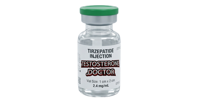 A vial labeled Tirzepatide Injection with altered text "TESTOSTERONE DOCTOR."