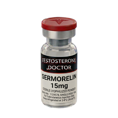 A vial of Sermorelin. Benefits include increased HGH, fat loss, better sleep, and improved energy. 