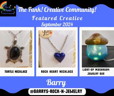 Featured creative Barry showcases unique jewelry including turtle and heart necklaces, plus a light-up mushroom box.