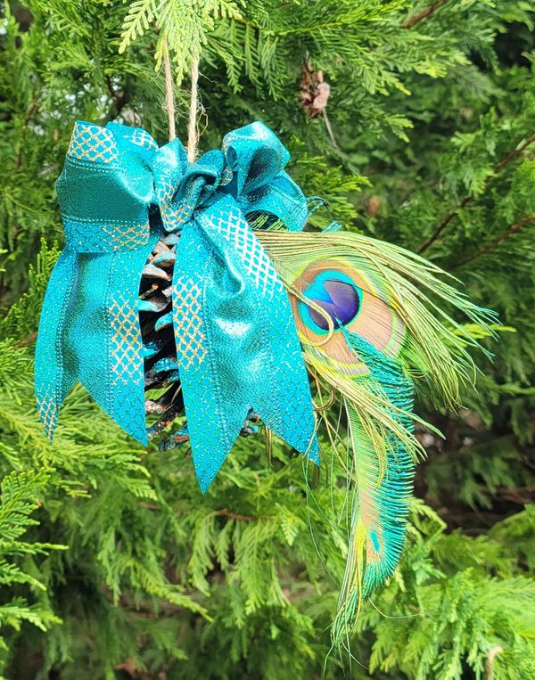 Custom Pine Cone Ornament - Turquoise accents and decorative bow with a genuine peacock feather!