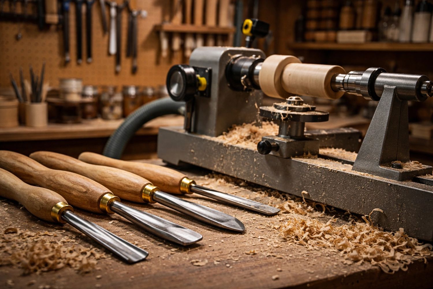 Woodturning tools and lathe with wood shavings in a workshop.
