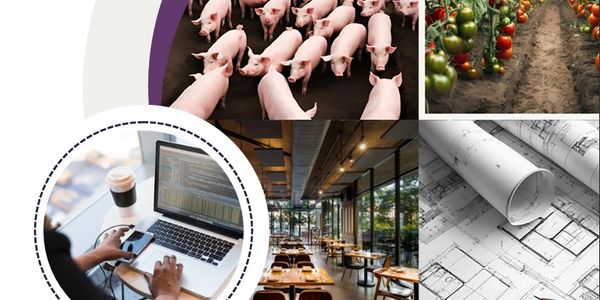 Collage showcasing animals, agriculture, technology, dining, and architecture.