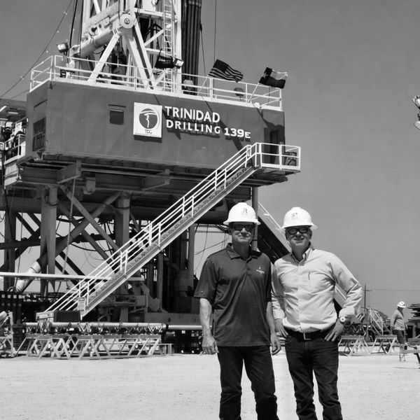 Two workers in hard hats stand by a Trinidad Drilling rig under clear skies.
