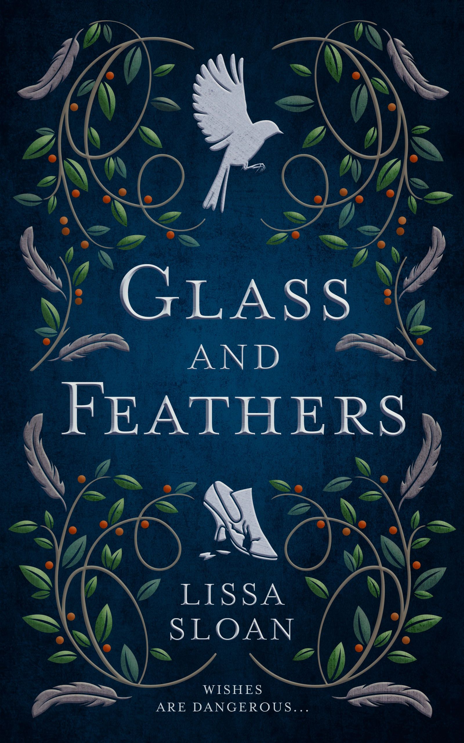 Book cover featuring a sparrow in flight and a broken glass slipper surrounded in vines and feathers