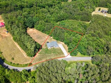 A house with driveway on a forest-bordered lot outlined in red.