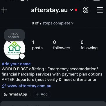 Instagram profile for afterstay.au offering emergency accommodation and hardship services.