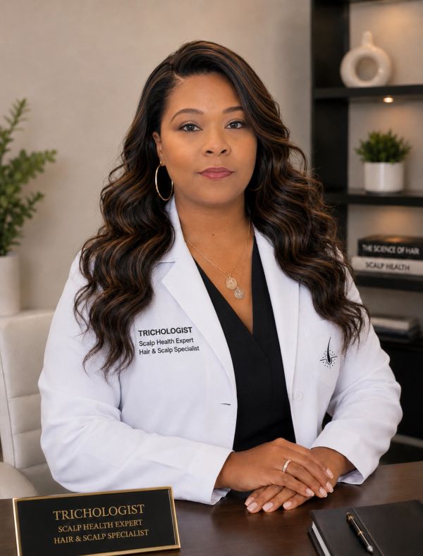 Professional trichologist woman in white coat sitting at desk.
