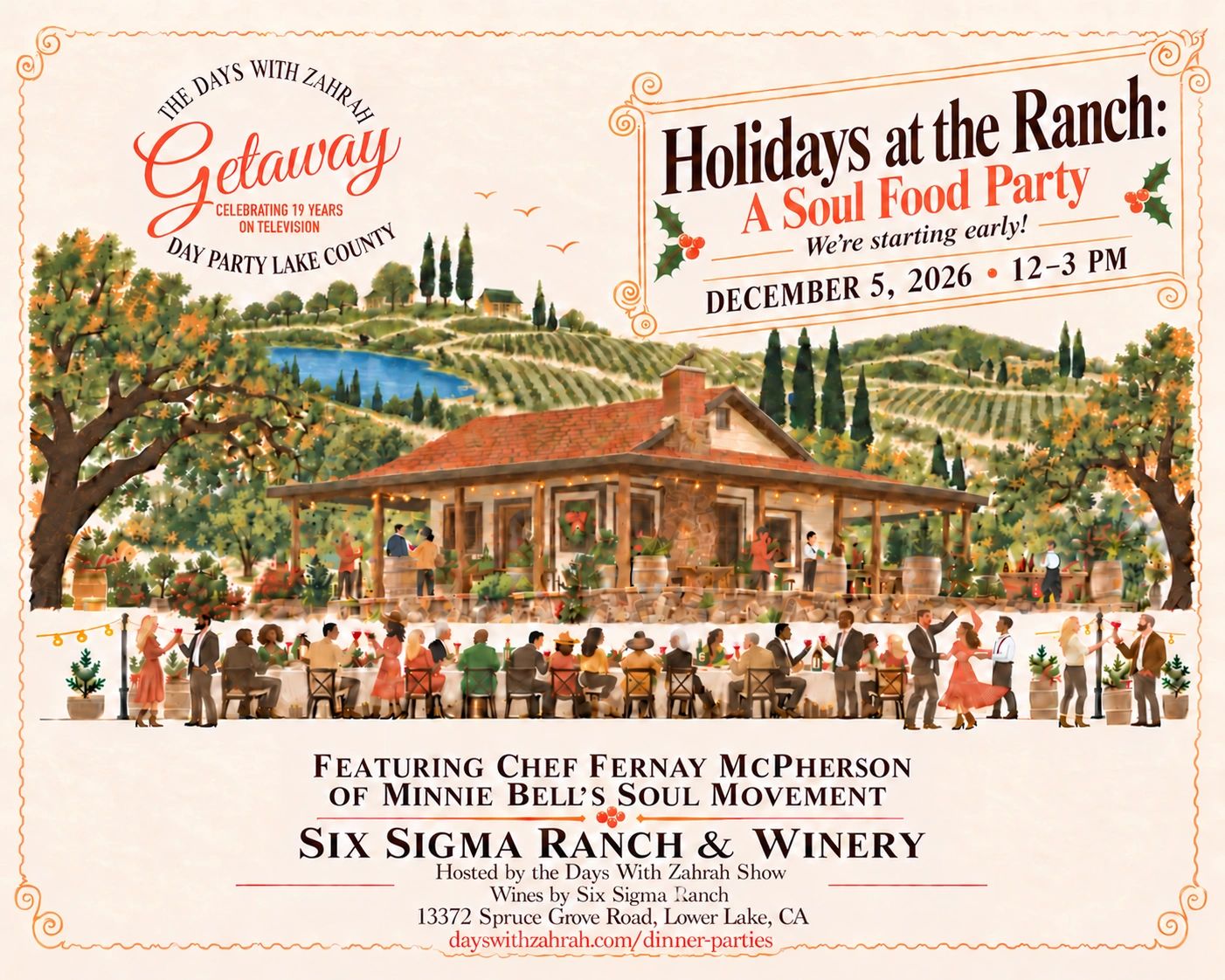 Holiday soul food party at Six Sigma Ranch on December 5, 2026.