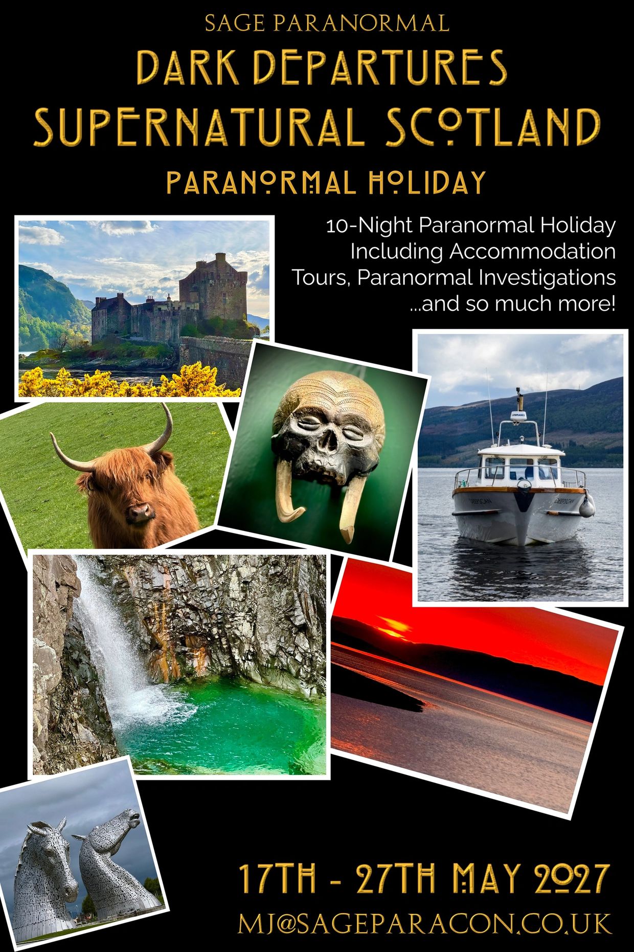 Poster for a 10-night paranormal holiday in Scotland with tours and investigations.