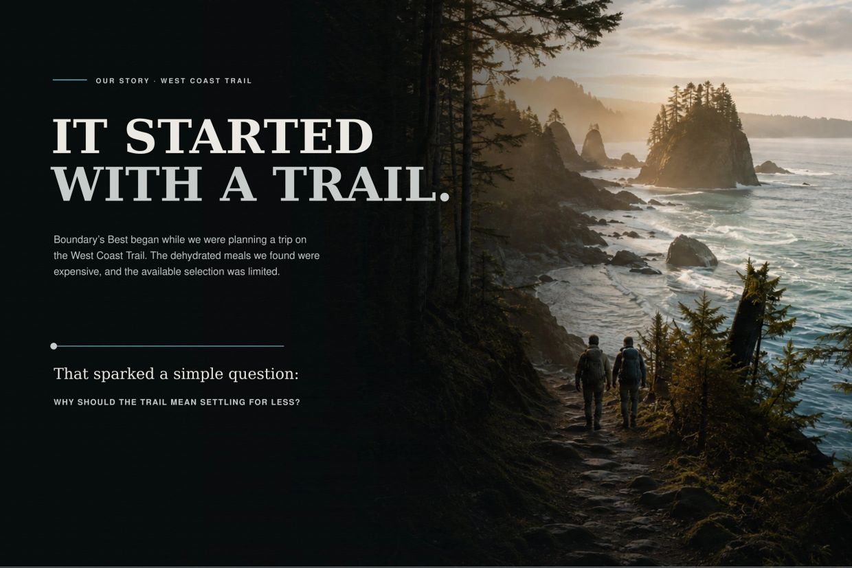 Hikers on a forest trail overlooking the misty West Coast shoreline.
