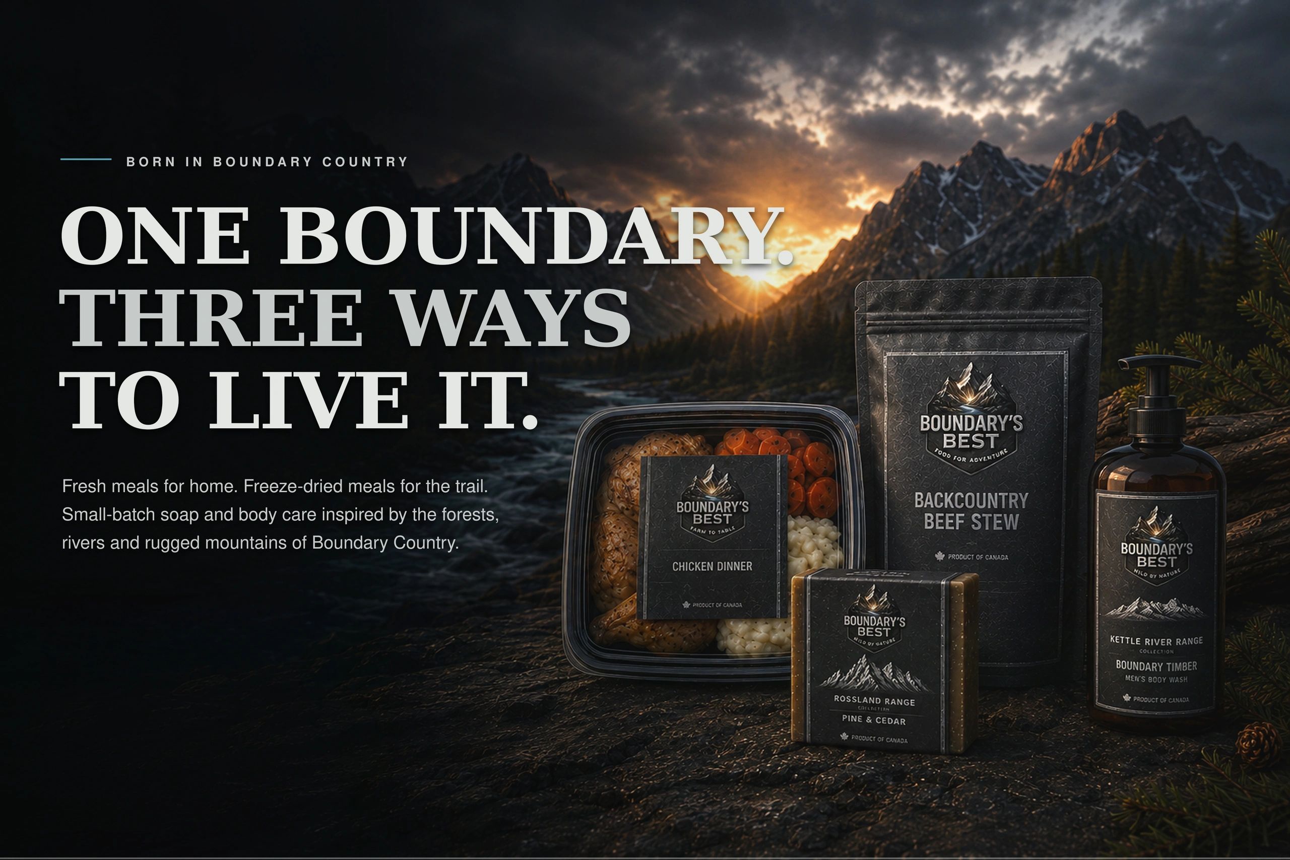 Boundary’s Best products displayed beside a mountain river at sunrise, featuring Farm to Table meals