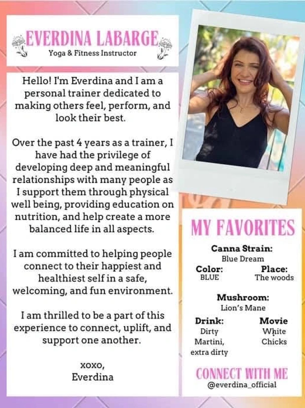 A poster on Everdina Labarge yoga and fitness instructor