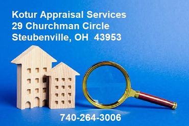 Business info for Kotur Appraisal Services with house models and magnifying glass.