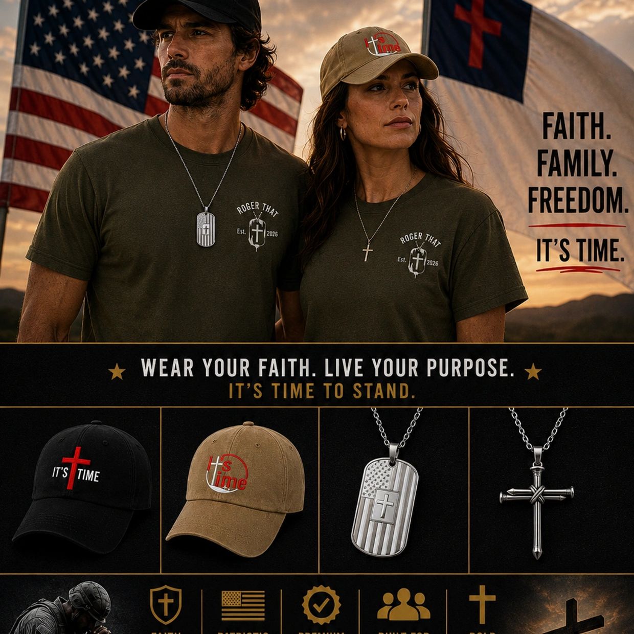 Couple wearing faith-themed apparel and jewelry with American flags.