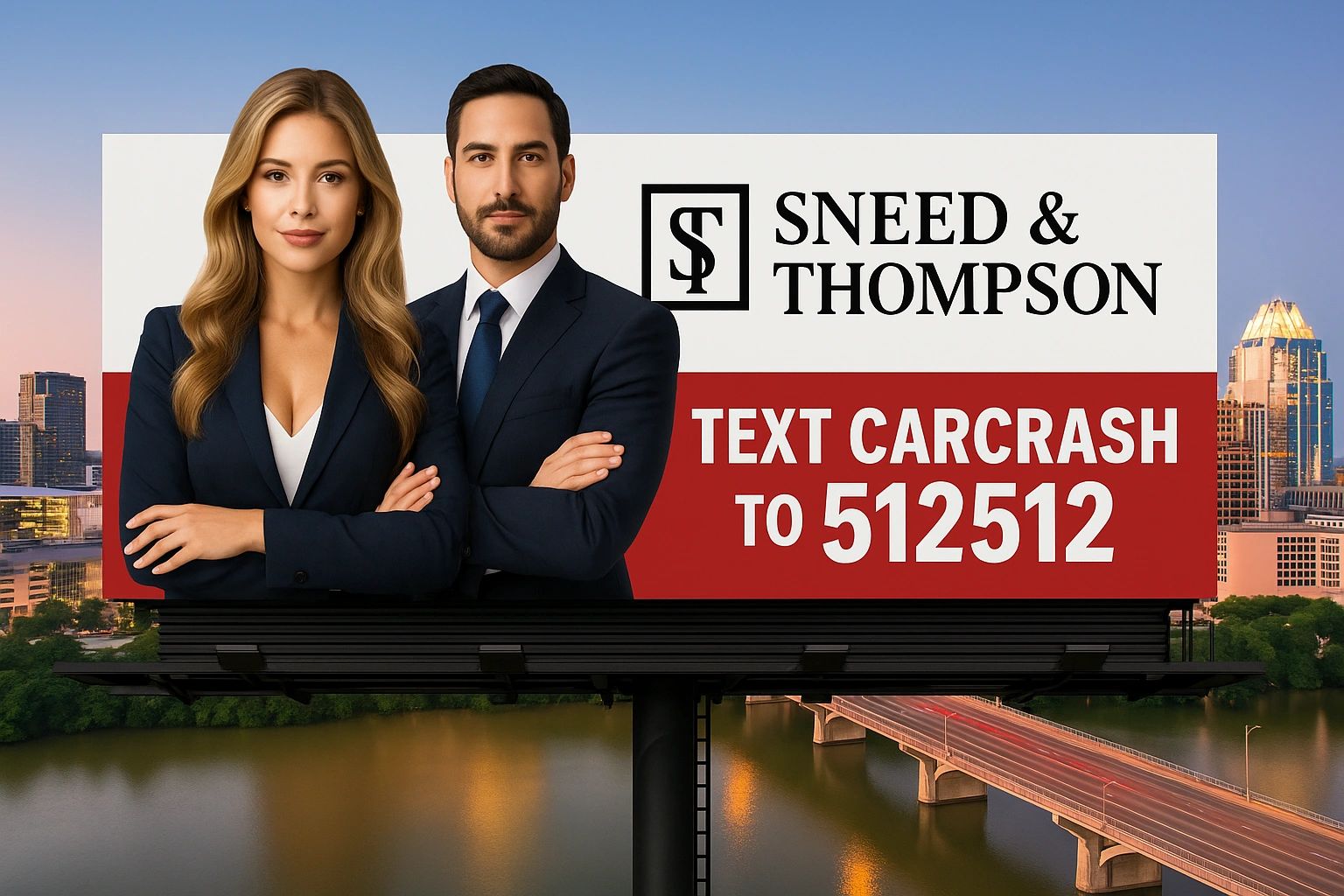 Sneed & Thompson with two attorneys and the message: “Text CARCRASH to 512512” over Austin skyline.
