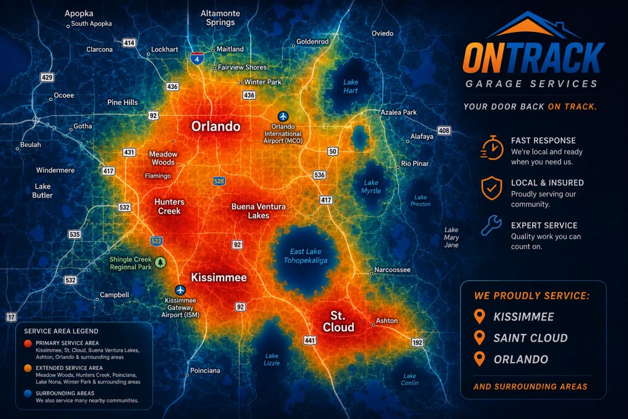 Heatmap showing OnTrack Garage Services coverage around Orlando, Kissimmee, and St. Cloud.