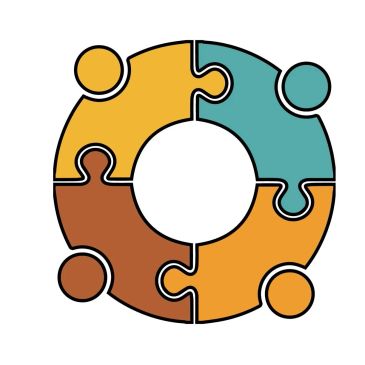 Circular puzzle pieces in four colors forming a ring.