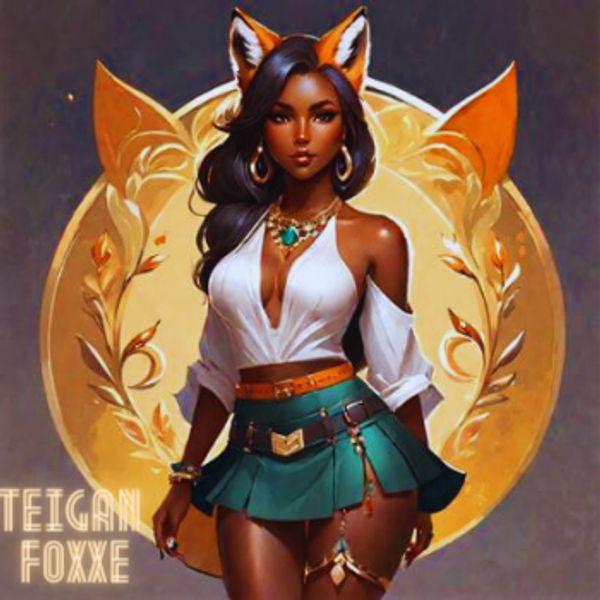 Confident woman with fox ears and tail, dressed stylishly with gold accents.