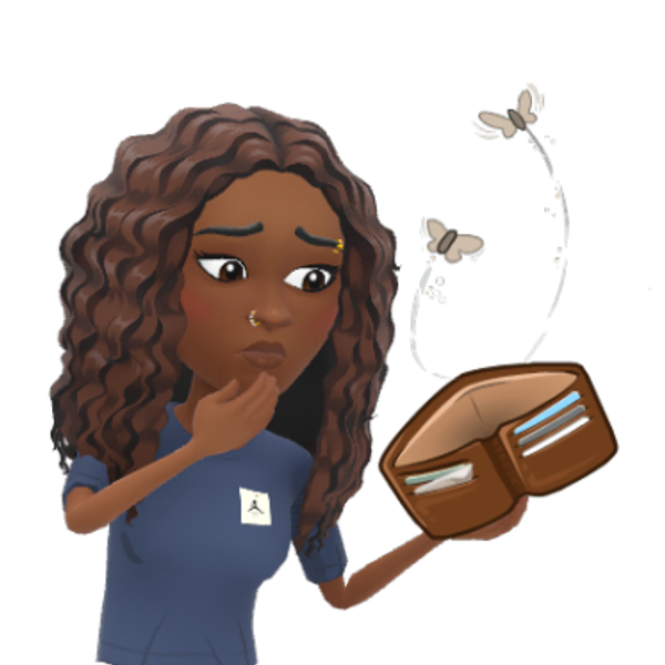 Worried woman looking at an empty wallet with butterflies flying out.