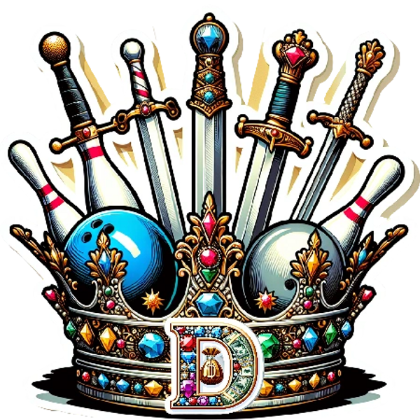 A jeweled crown with swords, bowling pins, and balls, featuring a prominent letter D.