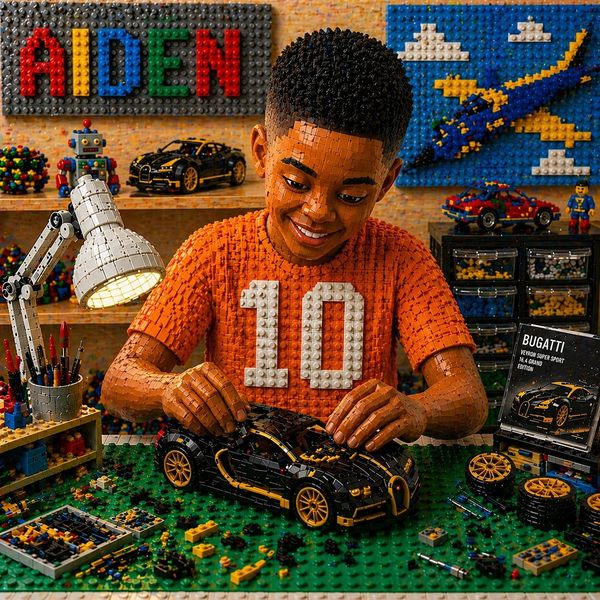 A LEGO figure of a boy building a Bugatti model car at a desk.