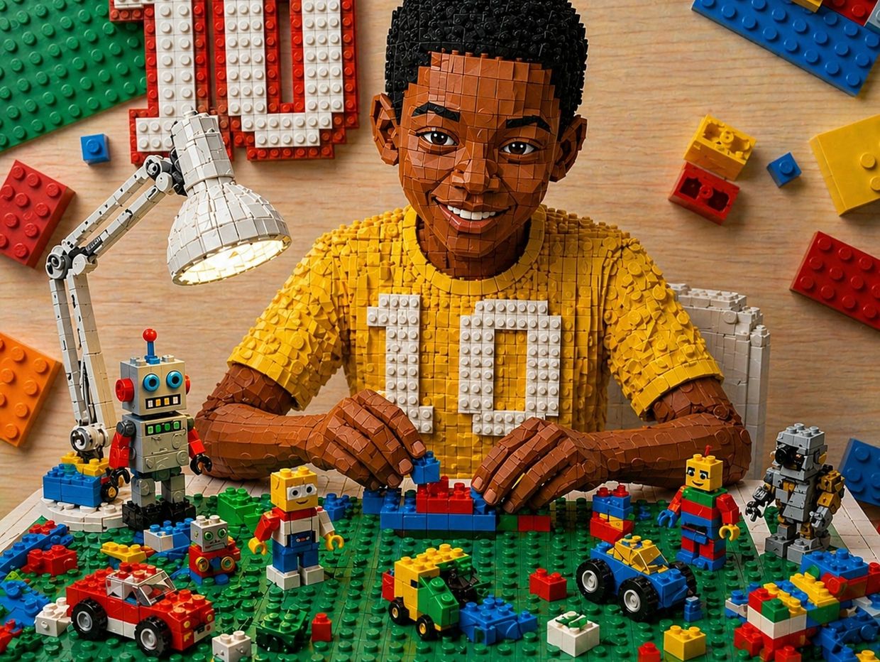 A boy made entirely of LEGO bricks playing with LEGO toys and blocks.